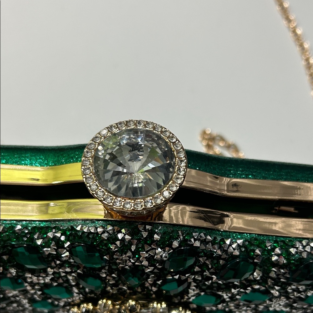 Emerald Crystal Evening Clutch with Gold Chain - Picture 14 of 16